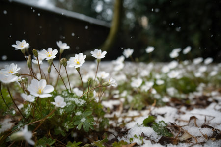 Sudden and unexpected cold snap in early spring, cold climate, spoiled weather, snow wind, early cold, morning frost, empty cities and streets, snow-covered landscapes, gloomy desolation.