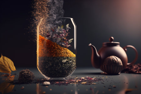 A deliciously hot and playful cup of organic tea made from quality and fresh leaves with great serving and creative design and decor. .High quality 3d illustrationの素材