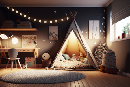 Cozy and modern beautiful room for little kids and teenagers living. Children's room, modern design, creative layout, toys and study attributes. Cribs, bright window. child, baby. interior.の素材