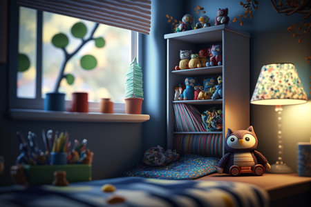 Cozy and modern beautiful room for little kids and teenagers living. Children's room, modern design, creative layout, toys and study attributes. Cribs, bright window. child, baby. interior.の素材