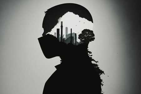 The problem of humanity and the planet earth pollution, urban smog, ecology, exhaust fumes, waste. global warming. Dirty air, carbon dioxide oxygen. environmental degradation.の素材