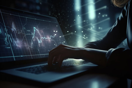 financial technology. KPI Dashboard on virtual screen. Big data analytics visualization technology scientist analyzing information structure , for business, finance, internet of things, iot.の素材