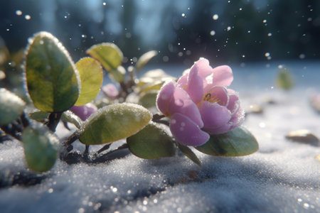 Sudden and unexpected cold snap in early spring, cold climate, spoiled weather, snow wind, early cold, morning frost, empty cities and streets, snow-covered landscapes, gloomy desolation.の素材