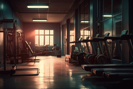 Equipment And Machines At The Modern Gym Room Fitness Center. interior with equipment. bodybuilding concept background. Crossfit .functional training. Practicing powerliftingの素材