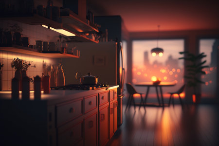 Kitchen in luxury home. interior design of modern. empty room, design, decorative, serving. banner. apartment for sale and rent real estate, simply, scandinavian, minimalist interior.の素材