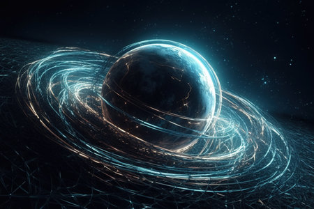 Gravity planet earth, gravitational waves concept. physical and technology background. Design with gravity grid and spheres, line warp, Curved spacetime. In the general theory of relativity.の素材