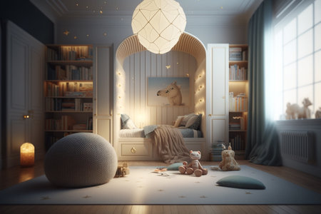 Cozy and modern beautiful room for little kids and teenagers living. Children's room, modern design, creative layout, toys and study attributes. Cribs, bright window. child, baby. interior.の素材