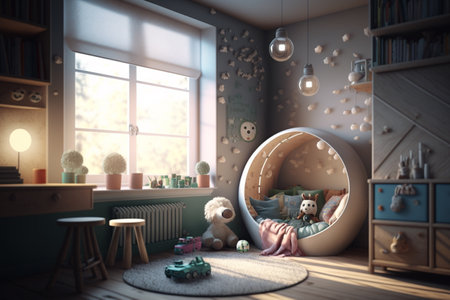 Cozy and modern beautiful room for little kids and teenagers living. Children's room, modern design, creative layout, toys and study attributes. Cribs, bright window. child, baby. interior.の素材