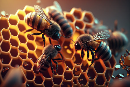 creative and gorgeous sets of sweet and fresh honey, bees and honeycomb. Proper nutrition, natural sugar substitute, ecological fructose, healthy living. flowers of the meadow.の素材