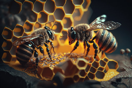 creative and gorgeous sets of sweet and fresh honey, bees and honeycomb. Proper nutrition, natural sugar substitute, ecological fructose, healthy living. flowers of the meadow.の素材