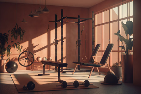 Equipment And Machines At The Modern Gym Room Fitness Center. interior with equipment. bodybuilding concept background. Crossfit .functional training. Practicing powerliftingの素材