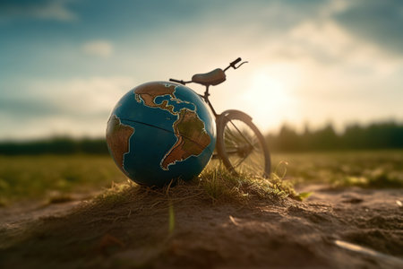 world bike day. Celebration happy globe riding world. June 3. Go Green Save Environment. fresh air, energy of nature, relaxation, freedom. Active healthy lifestyle.の素材
