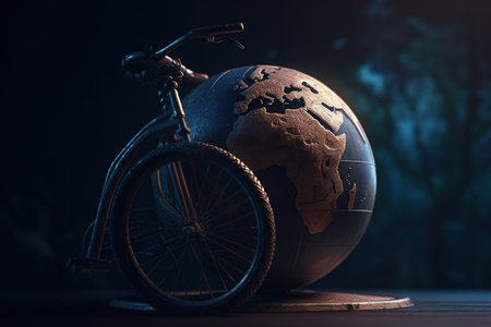 world bike day. Celebration happy globe riding world. June 3. Go Green Save Environment. fresh air, energy of nature, relaxation, freedom. Active healthy lifestyle.の素材