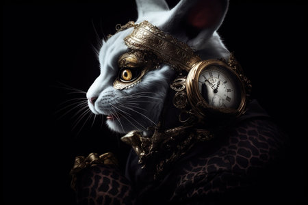 Story of the imagination Alice in Wonderland, White Herald rabbit, Cheshire Cat, fantastic forest landscape, mushrooms, ferns Looking Glass, Tea Party queen, playing cardsの素材