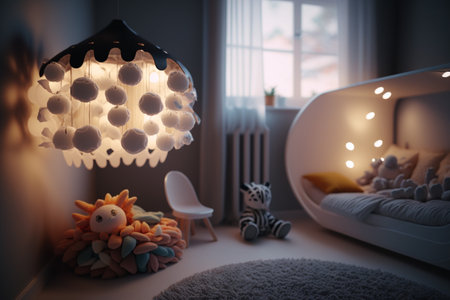 Cozy and modern beautiful room for little kids and teenagers living. Children's room, modern design, creative layout, toys and study attributes. Cribs, bright window. child, baby. interior.の素材