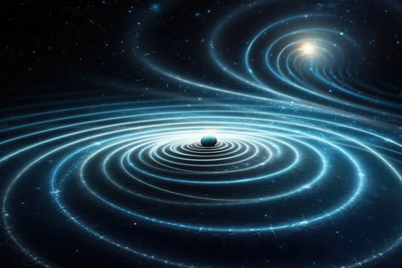 Gravity planet earth, gravitational waves concept. physical and technology background. Design with gravity grid and spheres, line warp, Curved spacetime. In the general theory of relativity.の素材
