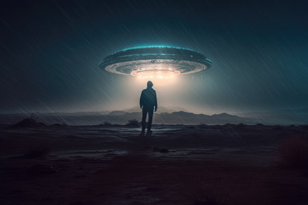 world ufo day, flying in space, Exploring extraterrestrial civilization, aliens, strangers, flying saucer, abduction, 2 July, green humans. unidentified flying objects.の素材