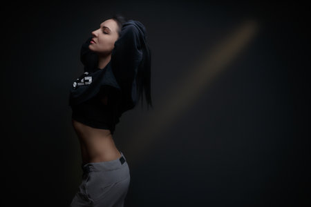 beautiful cute sports girl, fitness model, gym trainer, brutal, muscular athletic, bodybuilding lady sexy working out training pumping up muscles gaining weight and poses. healthy lifestyleの写真素材