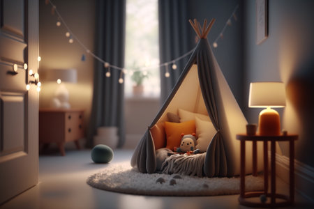 Cozy and modern beautiful room for little kids and teenagers living. Children's room, modern design, creative layout, toys and study attributes. Cribs, bright window. child, baby. interior.の素材