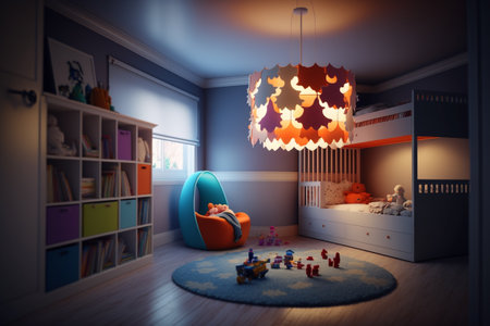 Cozy and modern beautiful room for little kids and teenagers living. Children's room, modern design, creative layout, toys and study attributes. Cribs, bright window. child, baby. interior.の素材