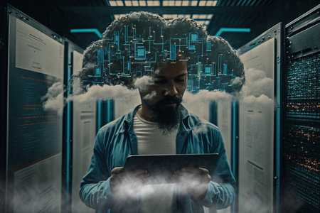 linking computer to cloud with server, connection Online, cloud storage, contact, computing, Devices connected to storage in the data center , tablet, phone home devices with online.の素材