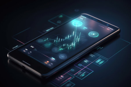 Cell phone of the future transparent invisible, mobile, Siri Alice hologram artificial intelligence, smartphone Ai, Metaverse and Blockchain Technology, innovative future data network.の素材