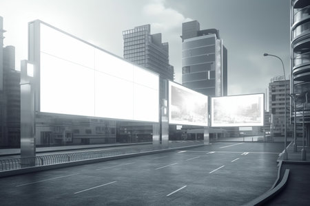 billboards and advertising signs at modern buildings in capital city, future, urbanist, science fiction, advertising banners mocap fantasy Blank marketing display board in modern city.の素材