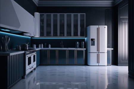 Kitchen in luxury home. interior design of modern. empty room, design, decorative, serving. banner. apartment for sale and rent real estate, simply, scandinavian, minimalist interior.の素材