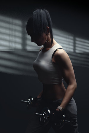 beautiful cute sports girl, fitness model, gym trainer, brutal, muscular athletic, bodybuilding lady sexy working out training pumping up muscles gaining weight and poses. healthy lifestyleの写真素材