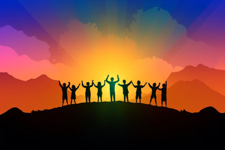 World friendship day, Support, help and youth community concept, Friendly and reciprocal attitudes, support for each other, respect, encouragement, group, smiley company, care enjoyment.の素材