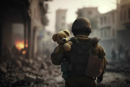 war as a sign of loneliness and orphanhood. Destroyed homes, wreckage of buildings in the street, terrible losses after disaster or warfare. Pain and suffering, desolation and abandonment..の素材