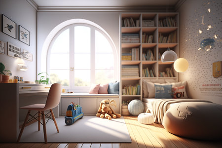 Cozy and modern beautiful room for little kids and teenagers living. Children's room, modern design, creative layout, toys and study attributes. Cribs, bright window. child, baby. interior.の素材