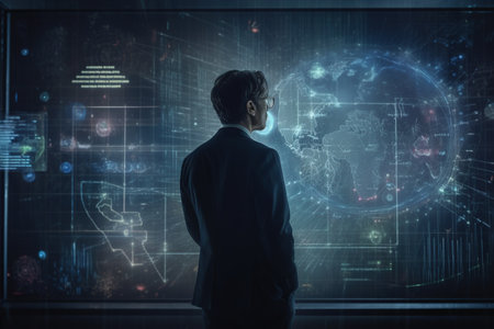 financial technology. KPI Dashboard on virtual screen. Big data analytics visualization technology scientist analyzing information structure , for business, finance, internet of things, iot.の素材