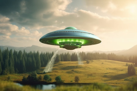 world ufo day, flying in space, Exploring extraterrestrial civilization, aliens, strangers, flying saucer, abduction, 2 July, green humans. unidentified flying objects.の素材