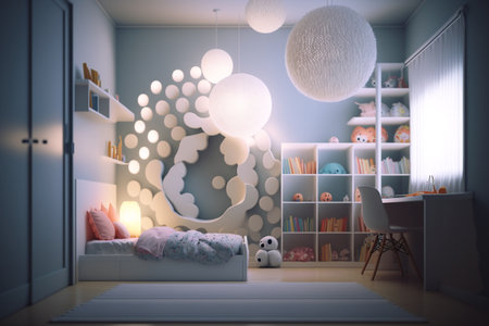 Cozy and modern beautiful room for little kids and teenagers living. Children's room, modern design, creative layout, toys and study attributes. Cribs, bright window. child, baby. interior.の素材