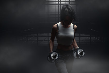 beautiful cute sports girl, fitness model, gym trainer, brutal, muscular athletic, bodybuilding lady sexy working out training pumping up muscles gaining weight and poses. healthy lifestyleの写真素材