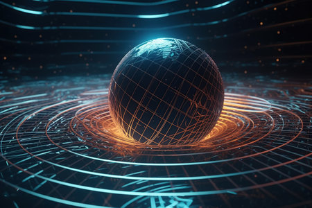 Gravity planet earth, gravitational waves concept. physical and technology background. Design with gravity grid and spheres, line warp, Curved spacetime. In the general theory of relativity.の素材