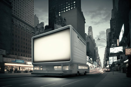 billboards and advertising signs at modern buildings in capital city, future, urbanist, science fiction, advertising banners mocap fantasy Blank marketing display board in modern city.の素材