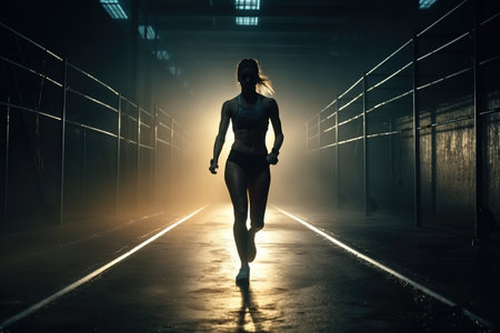 A strong athletic, woman sprinter, running on black background wearing in the sportswear, fitness and sport motivation. runner concept,の素材