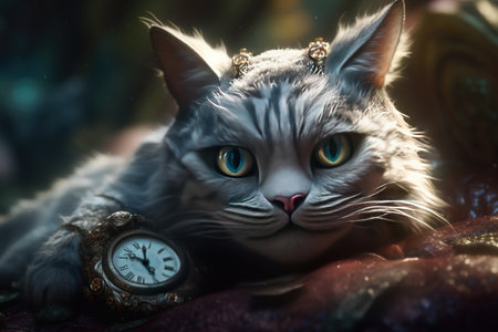 Story of the imagination Alice in Wonderland, White Herald rabbit, Cheshire Cat, fantastic forest landscape, mushrooms, ferns Looking Glass, Tea Party queen, playing cardsの素材