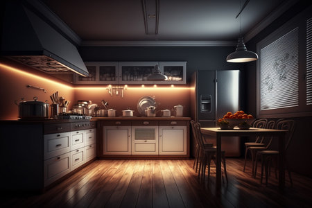 Kitchen in luxury home. interior design of modern. empty room, design, decorative, serving. banner. apartment for sale and rent real estate, simply, scandinavian, minimalist interior.の素材
