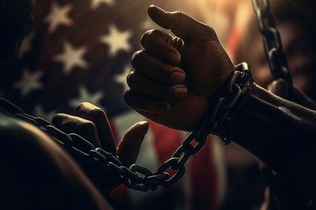 Black Lives Matter. The problem of culture, racism, and the descrImination of slavery. Juneteenth Emancipation Day. June 19. Freedom of Glosa Rights , fist of the chain Afro-Americanの素材