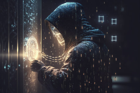 Cybersecurity, computer hacker with hoodie, vulnerability and hacker,coding,malware concept on server room background, metaverse digital world technology, breaks binary dataの素材