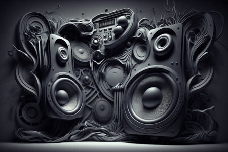 A concept for music festivals, radio stations, music lovers. Live with music. Music in the heart. notes, song, melody apps and websites. Treble Clef. Headphones in a home-studio audio recording.の素材