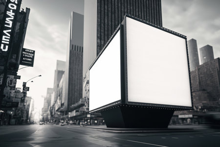 billboards and advertising signs at modern buildings in capital city, future, urbanist, science fiction, advertising banners mocap fantasy Blank marketing display board in modern city.の素材