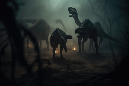 Dinosaurs. Extinct species of animals. Big strong toothy predators. Jurassic period. triceratops, T-rex, brontosaurus, pterodactyl stegosaurus pteranodon ceratosaurus, reptile.の素材