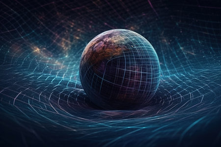 Gravity planet earth, gravitational waves concept. physical and technology background. Design with gravity grid and spheres, line warp, Curved spacetime. In the general theory of relativity.の素材