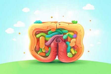 Stomach. Cute cartoon healthy human anatomy internal organ character set with brain lung intestine heart kidney liver and stomach mascots. parts of living body organs in animated formの素材
