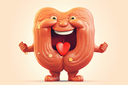 Stomach. Cute cartoon healthy human anatomy internal organ character set with brain lung intestine heart kidney liver and stomach mascots. parts of living body organs in animated formの素材