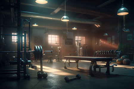 Equipment And Machines At The Modern Gym Room Fitness Center. interior with equipment. bodybuilding concept background. Crossfit .functional training. Practicing powerliftingの素材